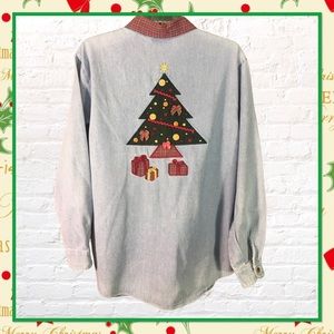 Vintage Denim Christmas Tree Appliquéd Embroidered Shirt
